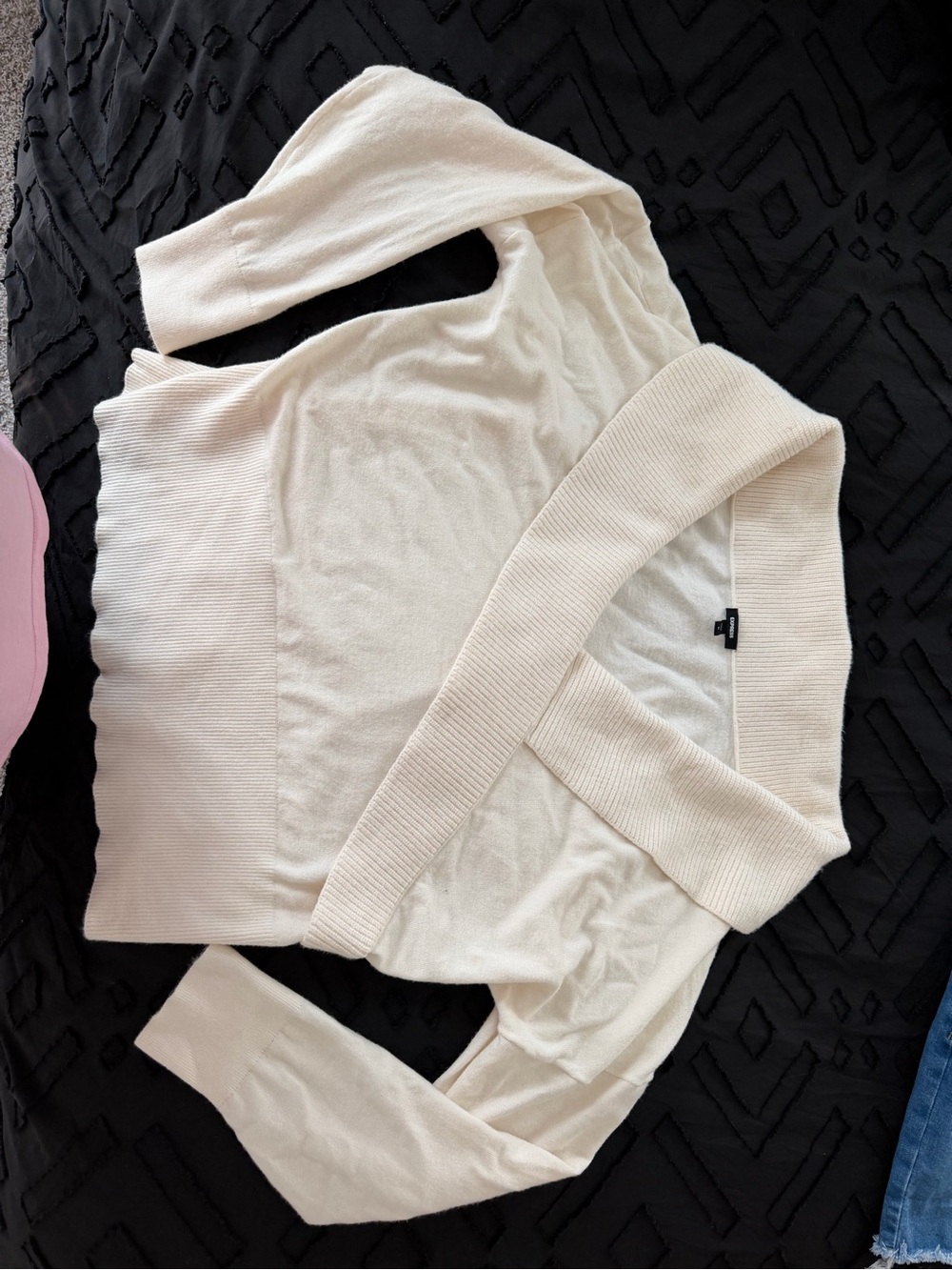 Express Cream Off-the-Shoulder Ribbed Wrap Sweater